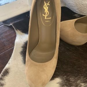 YSL suede tan pumps